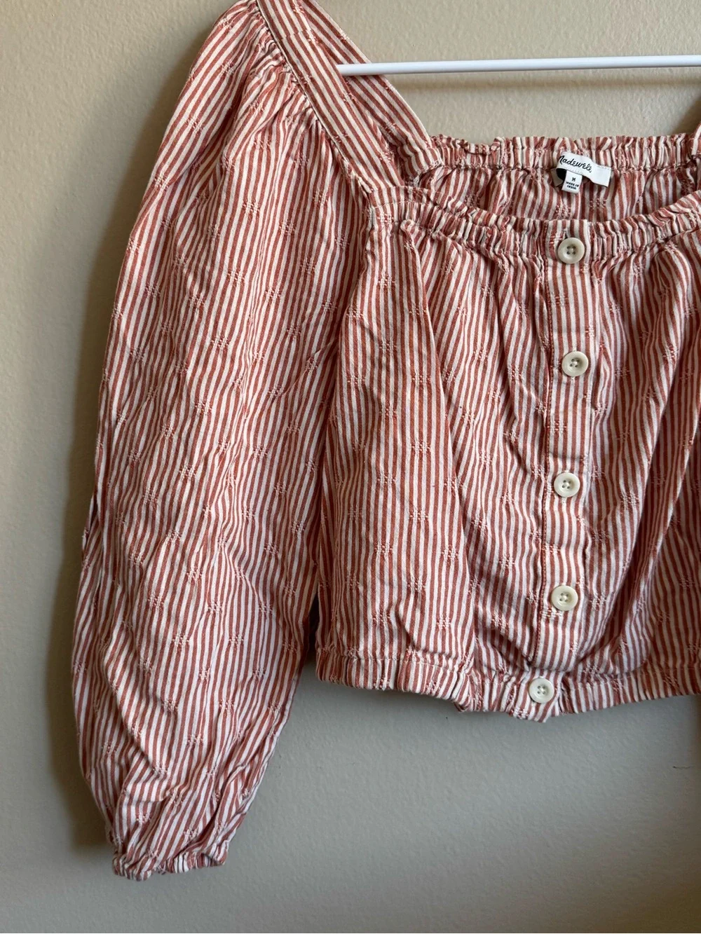 Madewell Puff-Sleeve Button-Front Crop Top in Embroidered Stripe Size Medium